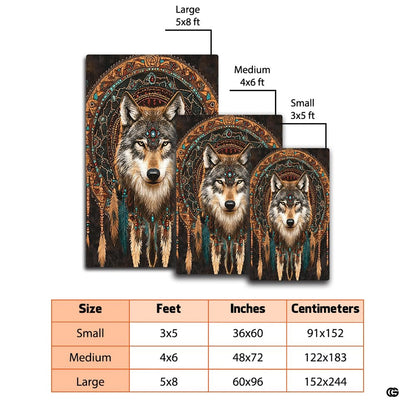 Mockup display showing the tribal wolf mandala rug placed near living room furniture - thumbnail image 2 of 7