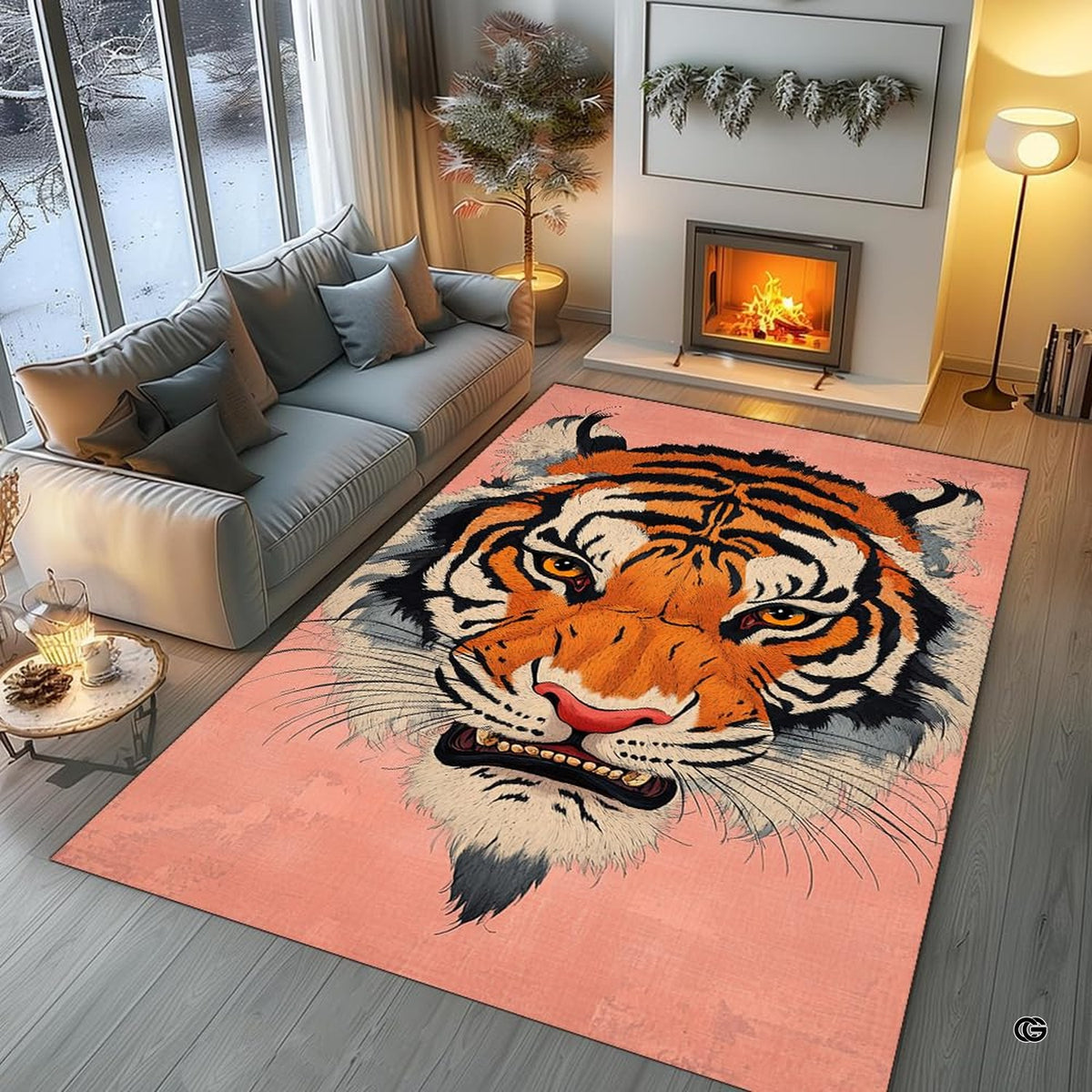 Living room arrangement showing blush pink stylized tiger rug on wooden floor