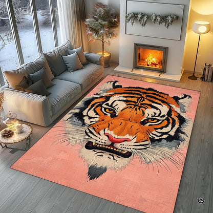 Living room arrangement showing blush pink stylized tiger rug on wooden floor - thumbnail image 5 of 8