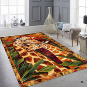 Fireside lounge setting with a person relaxing on the affectionate giraffe pair rug - thumbnail image 5 of 7