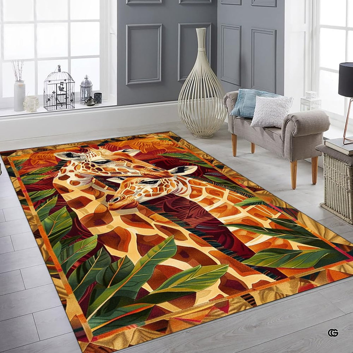 Fireside lounge setting with a person relaxing on the affectionate giraffe pair rug - image 5 of 7