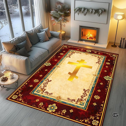 Personalized Orthodox Christian Area Rug, Custom Eastern Orthodox Russian Greek Byzantine Non-Slip Rug for Women Men, IC XC Nika Cross Mat for Living Room, Bedroom, Church Decor (D7)