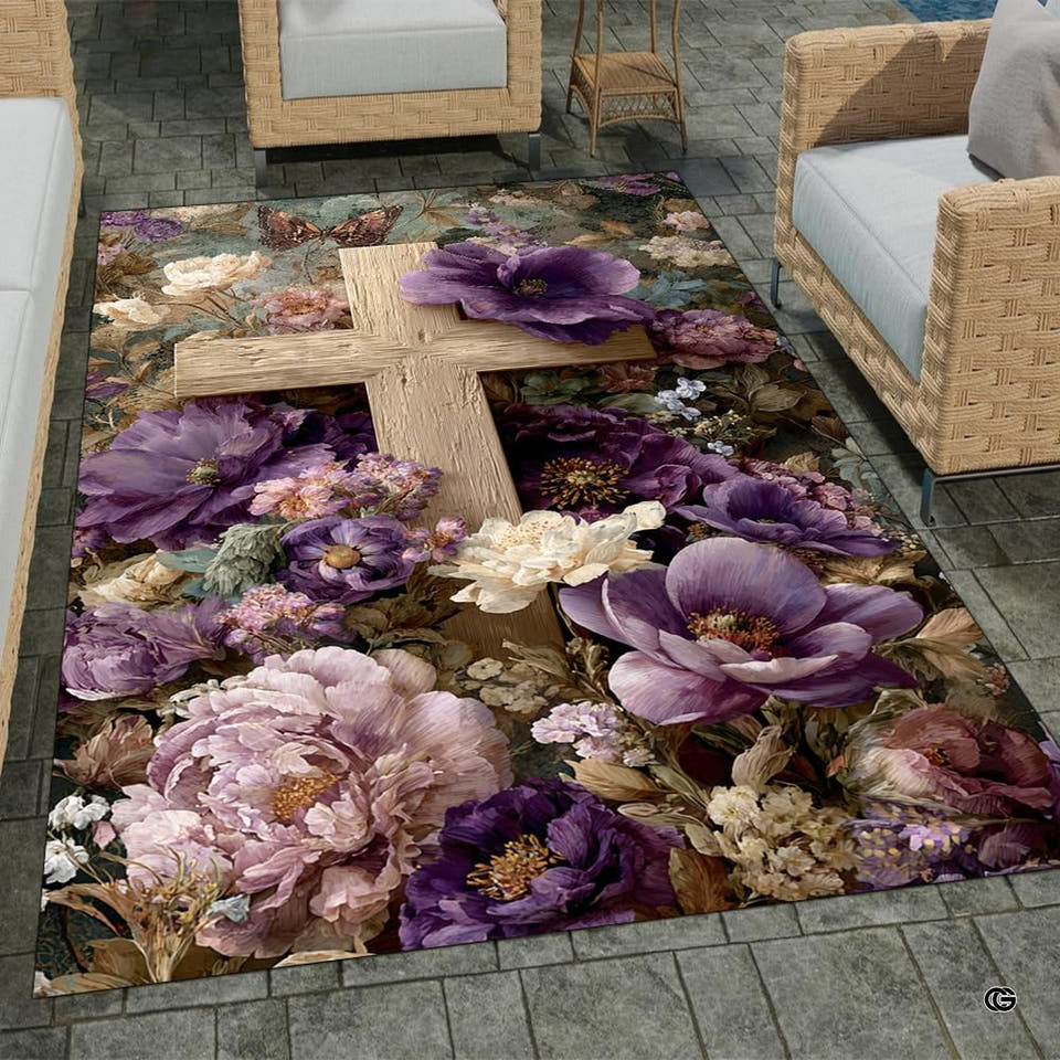 Area rug with a wooden cross and purple peonies on floor
