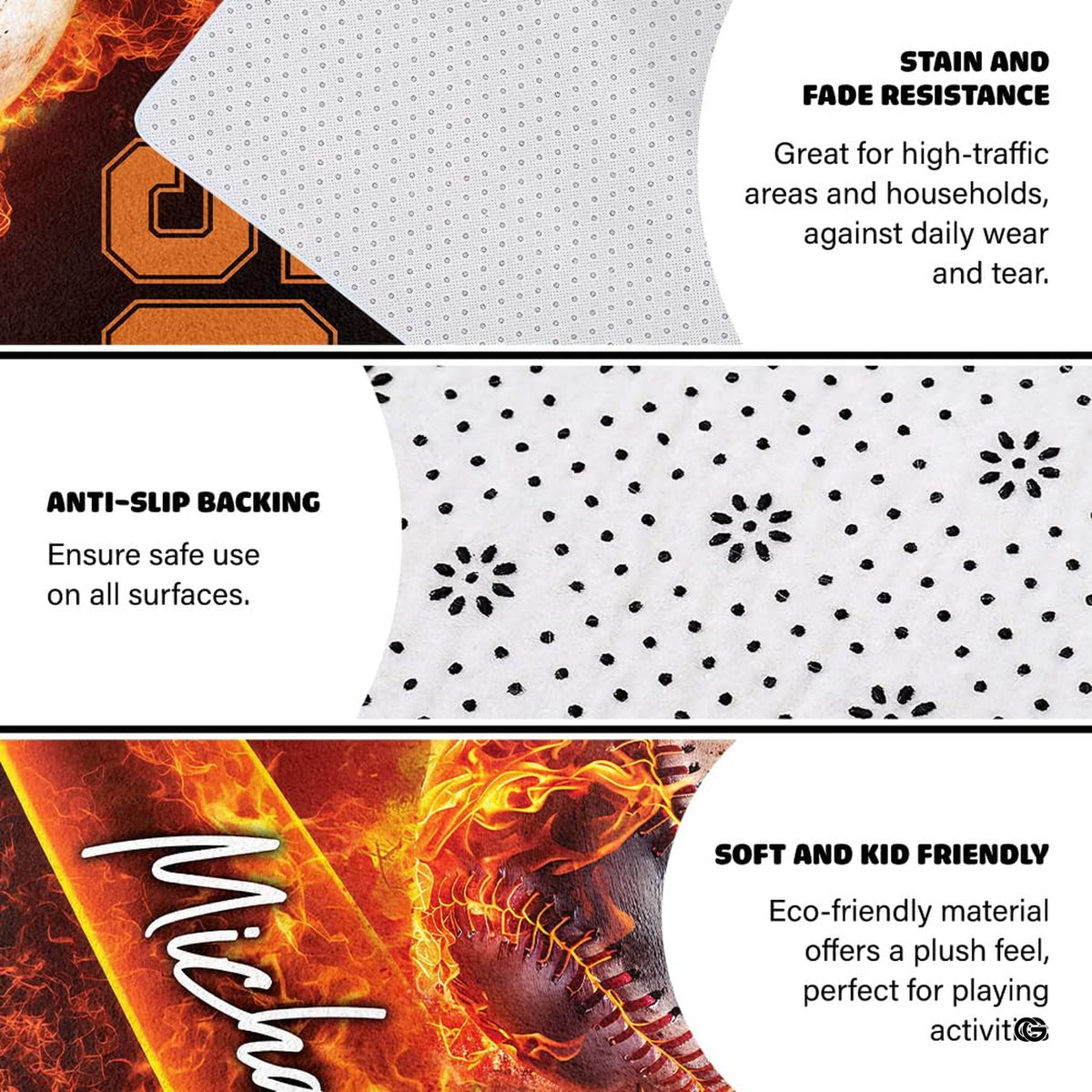 Game room decor showing flaming baseball design on a bold sports area rug.