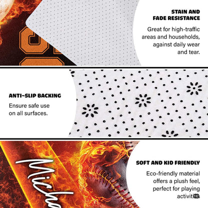 Game room decor showing flaming baseball design on a bold sports area rug. - thumbnail image 4 of 7