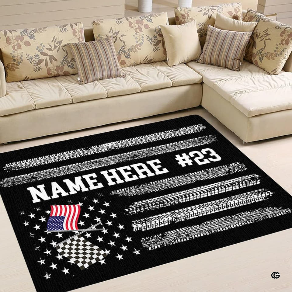 Personalized Checkered Flag Racing Area Rug, Non-Slip - Design 05