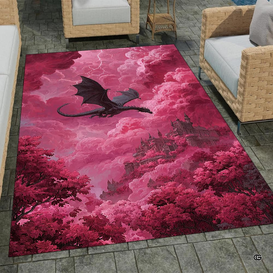 Pink forest dragon rug with black flying dragon and distant castle