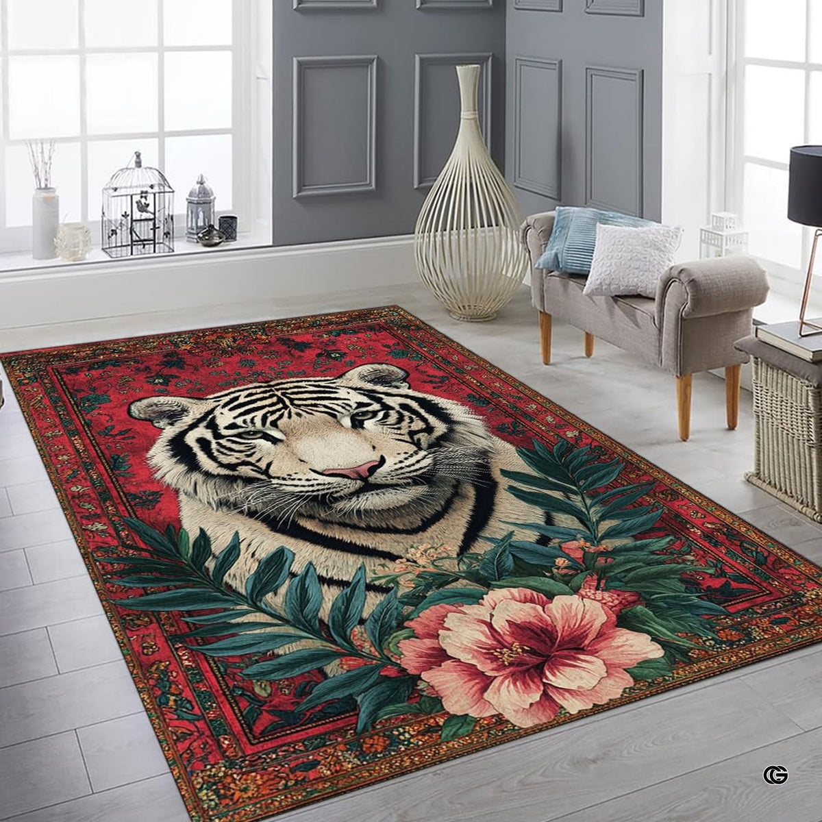 Bright interior decor setup featuring the Persian floral white tiger carpet
