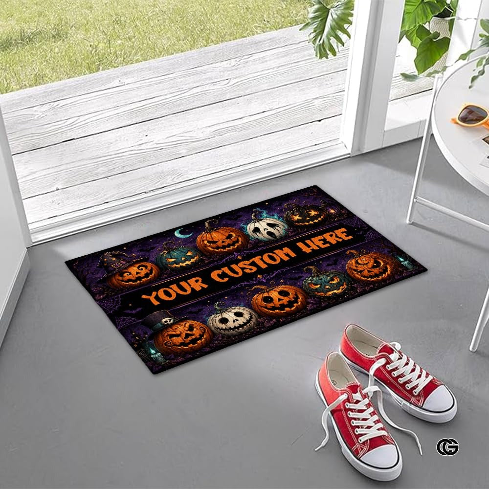 Halloween Door Mat Outdoor, Custom Spooky Welcome Mat with Black Cat and Pumpkin, Fall Front Door Mat for Porch Entryway Decor #3