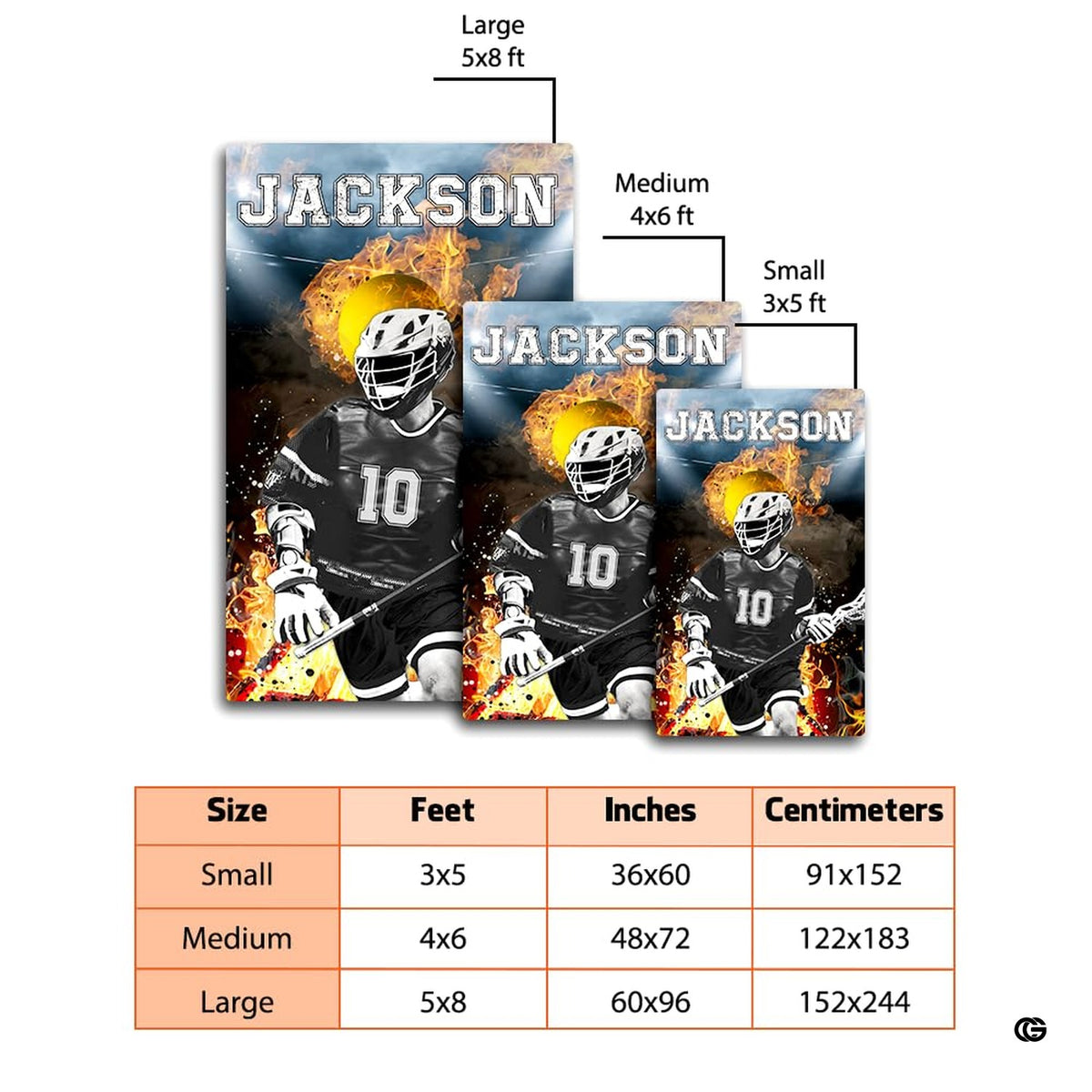 Overhead floor layout view of the fiery lacrosse player sports action area rug