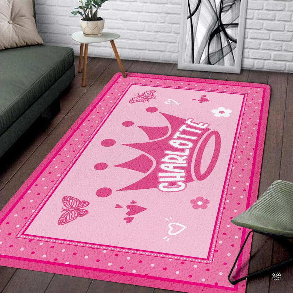 Pink butterfly crown rug in a modern living room