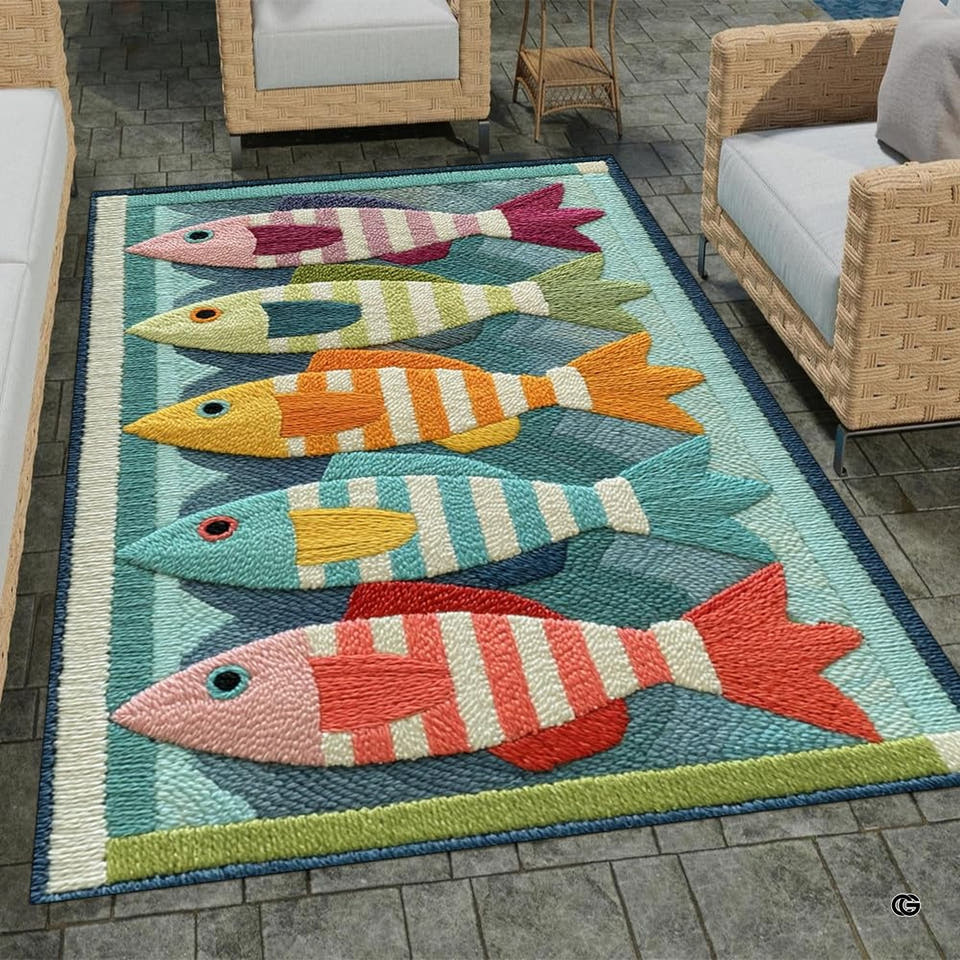 Full top-down view of the coastal fish pattern area rug showcasing five colorful fish swimming across blue ocean waves.
