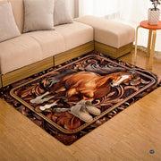 Angled floor perspective highlighting intricate acanthus leaf artwork and chestnut horse. - thumbnail image 7 of 7