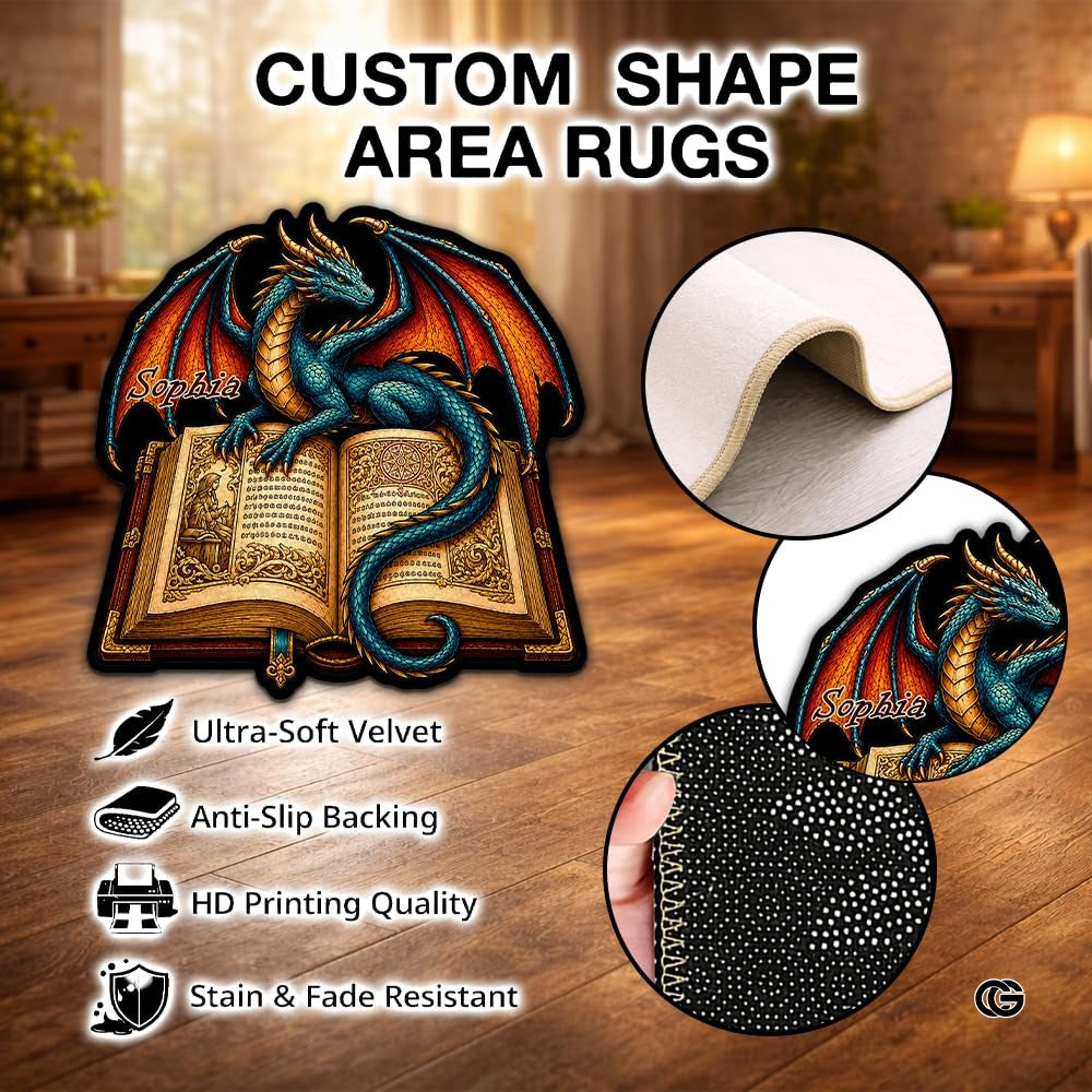 Custom Dragon Shaped Area Rug, Personalized Library Western Dragon Shaped Floor Mat Book Rug, Non-Slip Reading Room Carpet for Living Room, Bedroom, Dorm, Kids Room, Fans Lover (D5)