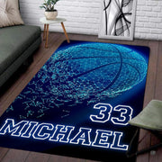 Dissolving neon cyan basketball breaking into digital particles rectangular area rug. - thumbnail image 1 of 7
