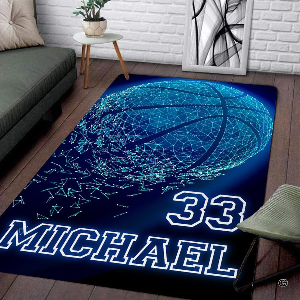 Dissolving neon cyan basketball breaking into digital particles rectangular area rug. - image 1 of 7