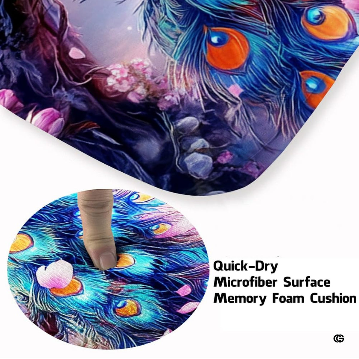 Close-up view of the soft microfiber surface, peacock plumage, and pink sakura petals