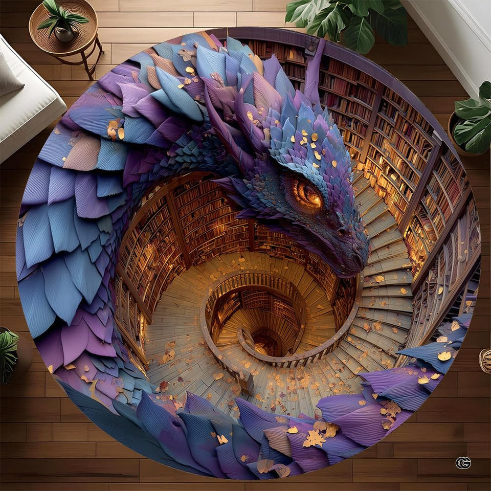 Round purple dragon rug around a glowing spiral library