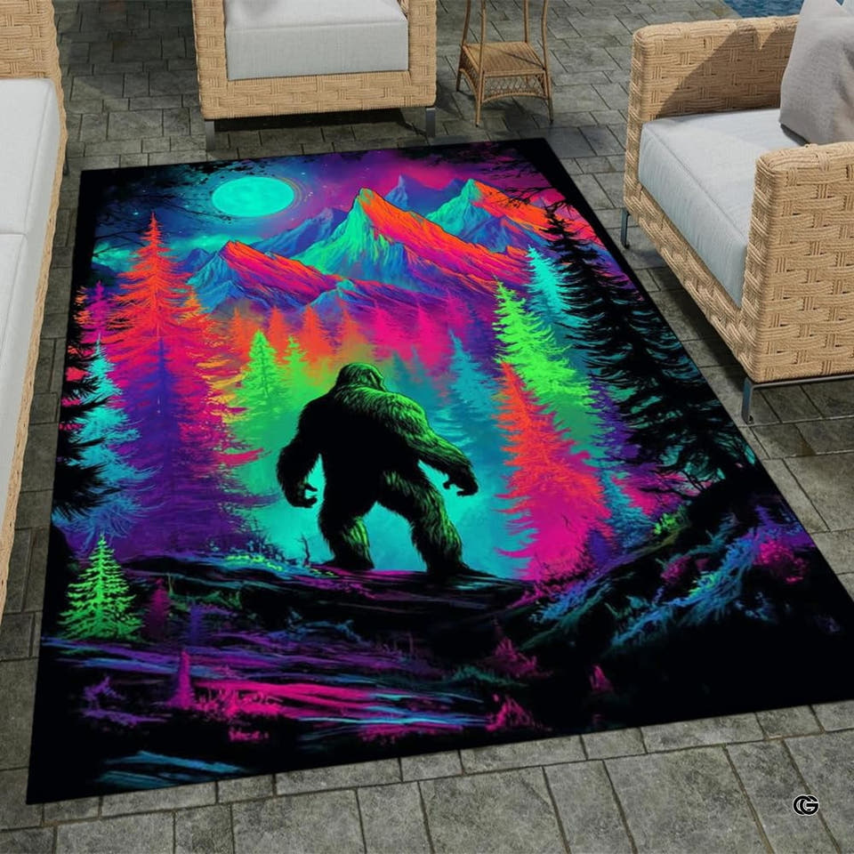 Neon psychedelic Bigfoot Sasquatch forest mountain area rug in primary perspective