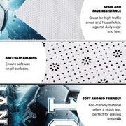 Living room setting featuring a bold soccer ball and water wave themed floor covering under modern seating. - thumbnail image 4 of 8