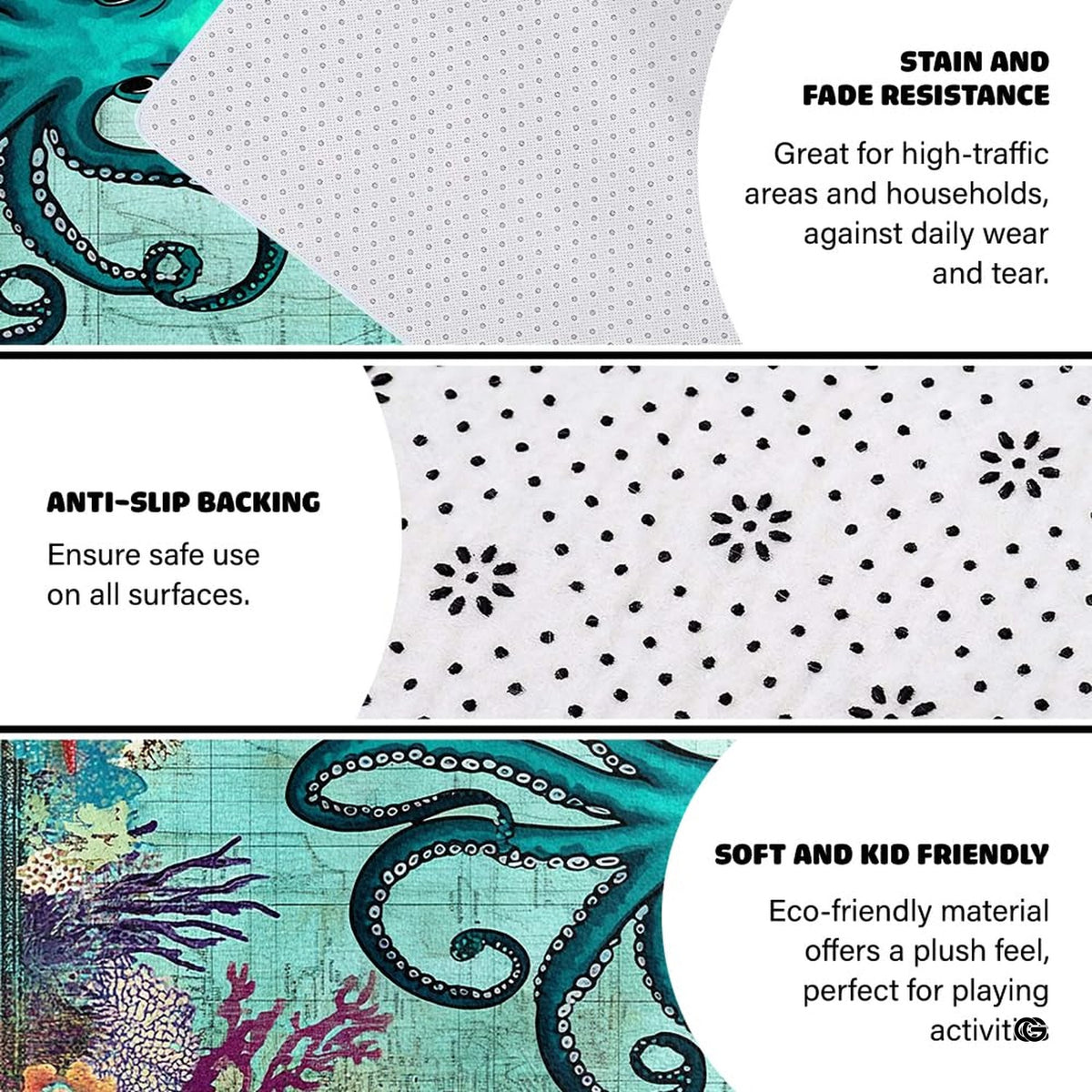 Detailed view of the turquoise octopus tentacles and ornate vintage border design on the ocean area rug.