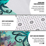 Detailed view of the turquoise octopus tentacles and ornate vintage border design on the ocean area rug. - thumbnail image 3 of 7