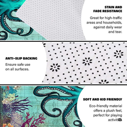 Detailed view of the turquoise octopus tentacles and ornate vintage border design on the ocean area rug. - thumbnail image 3 of 7