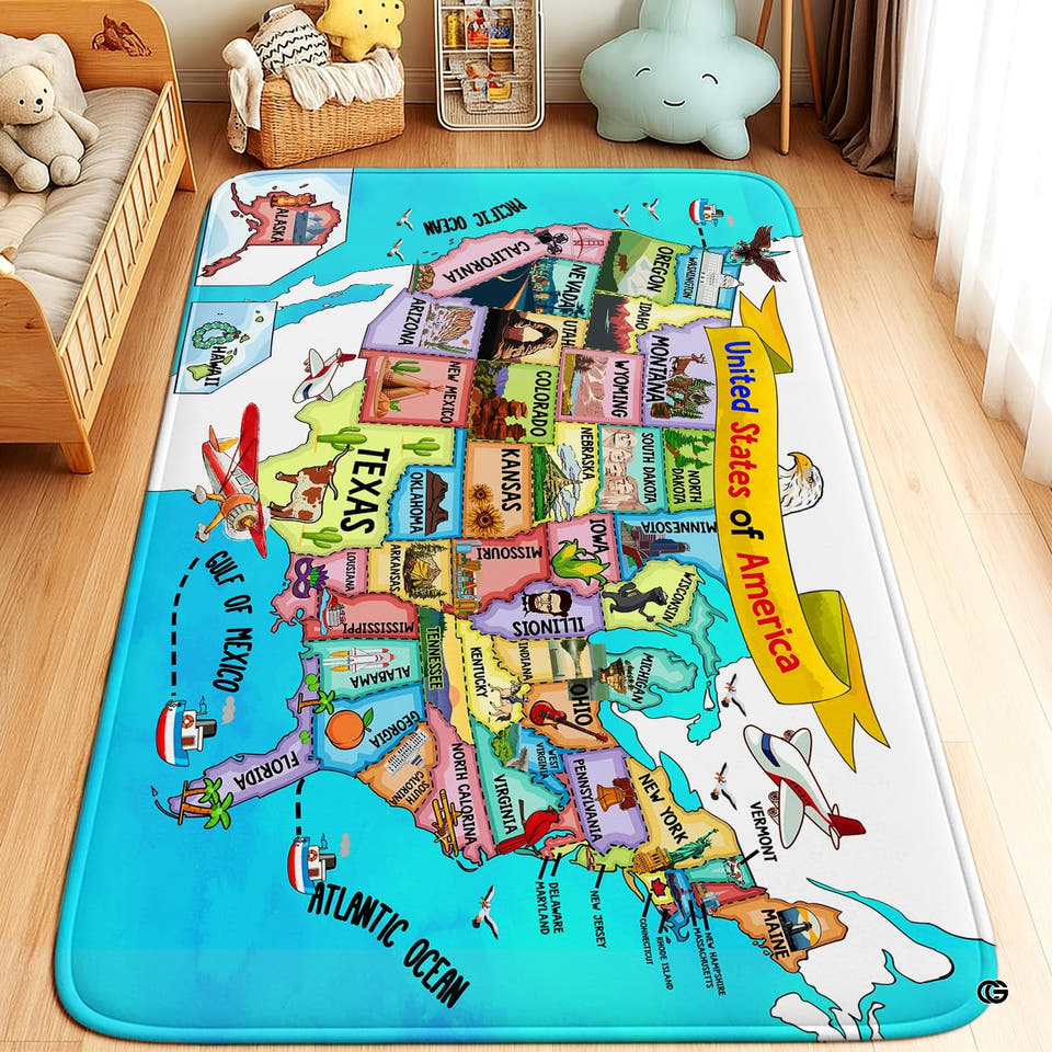 Illustrated USA geography map educational kids area rug in primary perspective