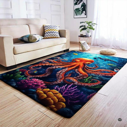 Octopus area rug styled on light wood floor in modern living room setting. - thumbnail image 4 of 7