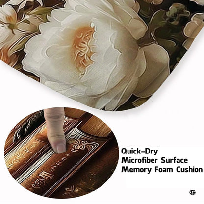 Gothic black dragon resting on antique leather books surrounded by white peony flowers in a library area rug. - thumbnail image 3 of 8