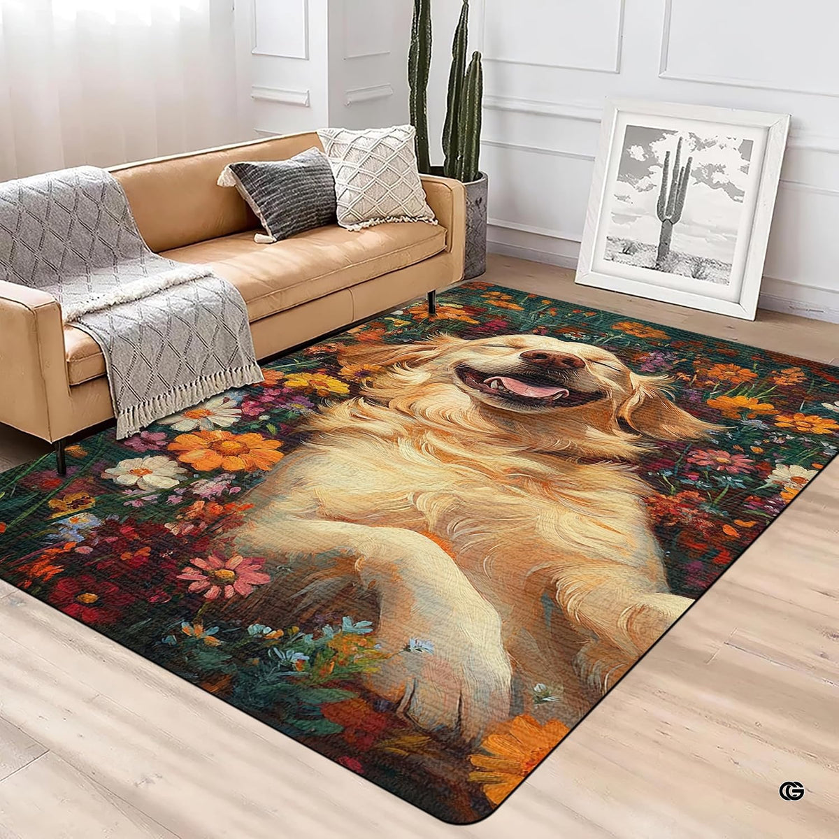 Impressionist floral golden retriever rug styled in a brightly decorated living space. - image 3 of 5