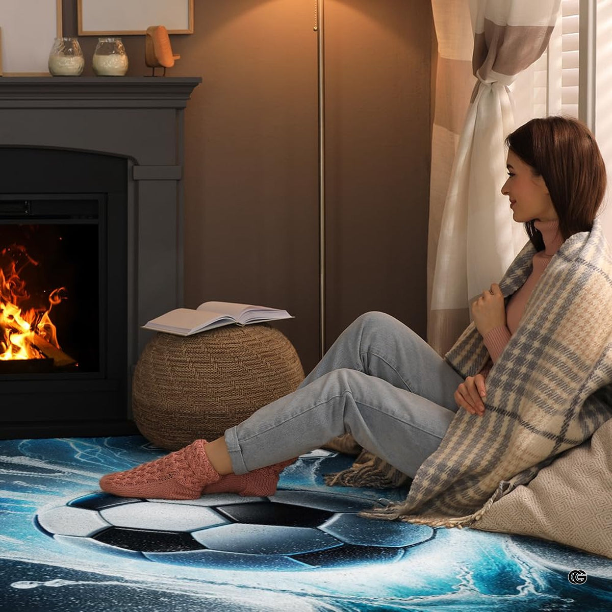 Detailed angle view displaying rich print clarity on the soccer splash area rug.