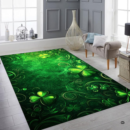 Decorative green Celtic clover area rug centered gracefully in a bright living space. - thumbnail image 6 of 8