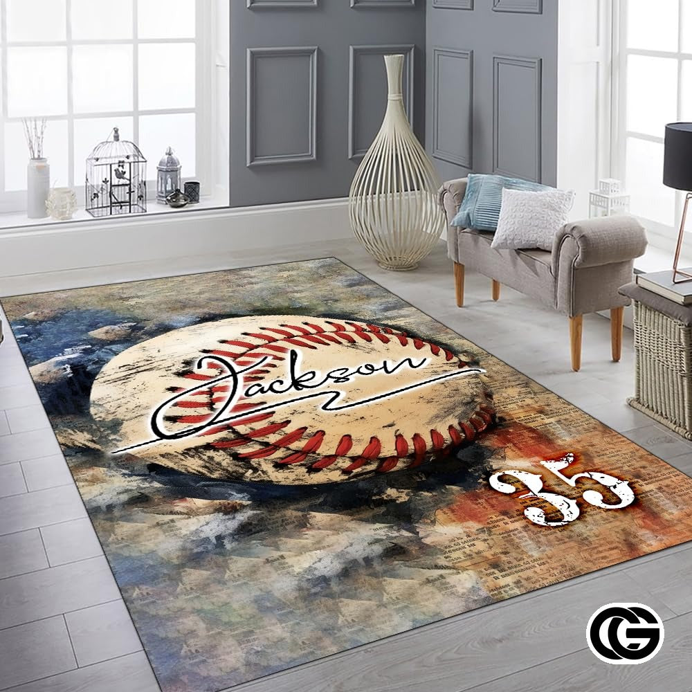 Custom Baseball Area Rug with Vintage Pattern and Non Slip Backing