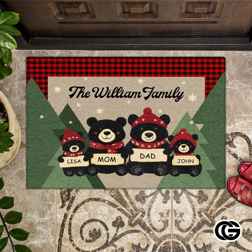 Personalized Christmas Doormat with Black Bear Family