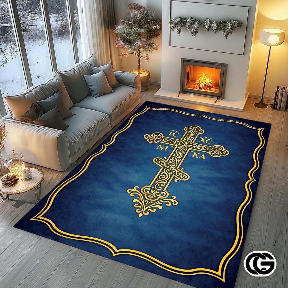 Personalized Orthodox Cross Rug with Byzantine Eagle and Non-Slip Backing