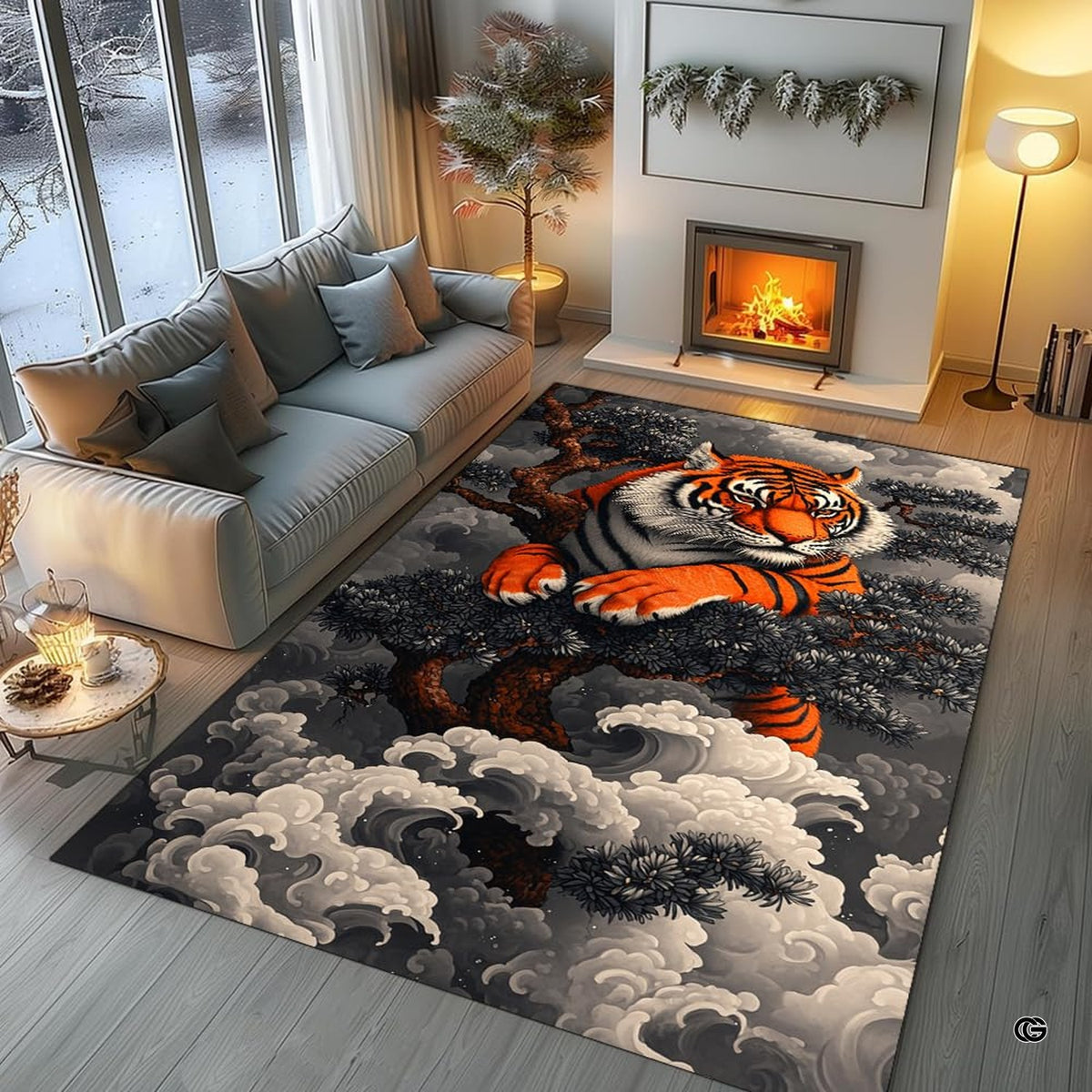 Living room arrangement showing Japanese pine tree tiger rug on wooden floor