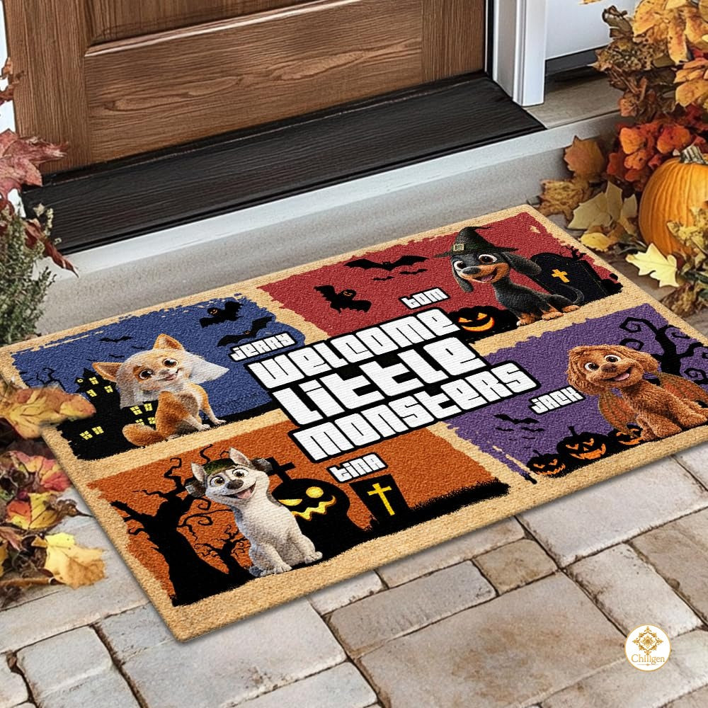 Custom Halloween Dog Doormat with Pumpkin and Bats - Style #1