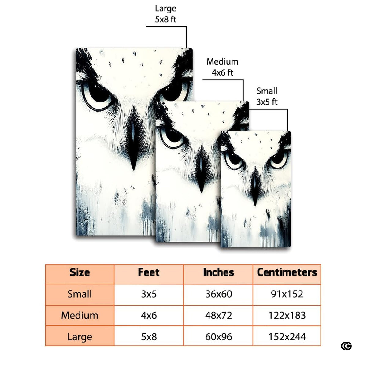 Anti-slip dot backing and hemmed edge stitching on arctic owl rug
