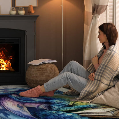 Blue and purple fantasy dragon reading an ancient tome while breathing magical wisps of smoke area rug. - thumbnail image 8 of 8