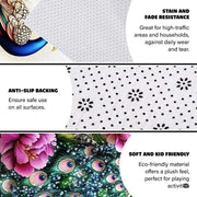 Infographic showing the non-skid dot backing and edge stitching of the peacock rug - thumbnail image 4 of 8