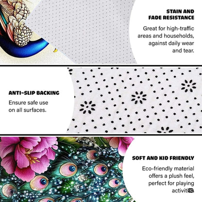 Infographic showing the non-skid dot backing and edge stitching of the peacock rug - thumbnail image 4 of 8