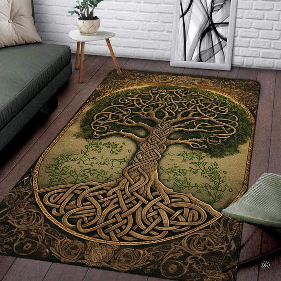 Living room corner with a sofa and side table showcasing the rectangular Celtic Tree of Life area rug on wood floors.