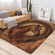 Western tooled leather bay horse area rug styled on hardwood flooring in living room. - thumbnail image 4 of 5