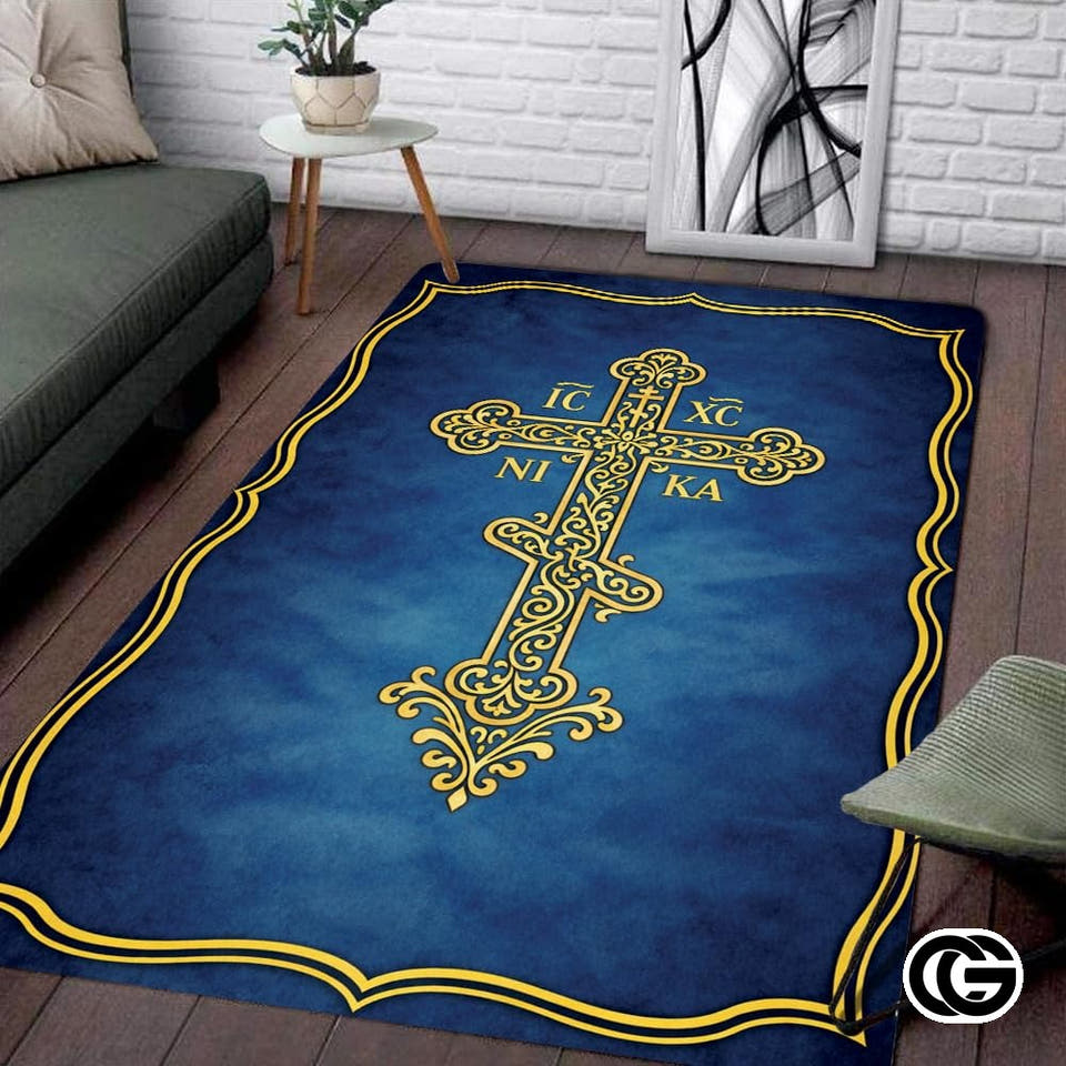 Personalized Orthodox Cross Rug with Byzantine Eagle and Non-Slip Backing