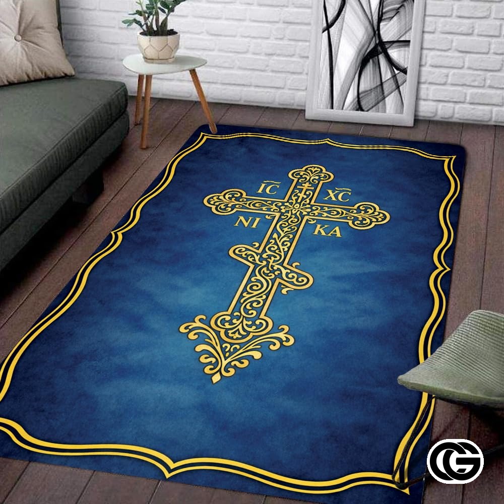 Personalized Orthodox Cross Rug with Byzantine Eagle and Non-Slip Backing