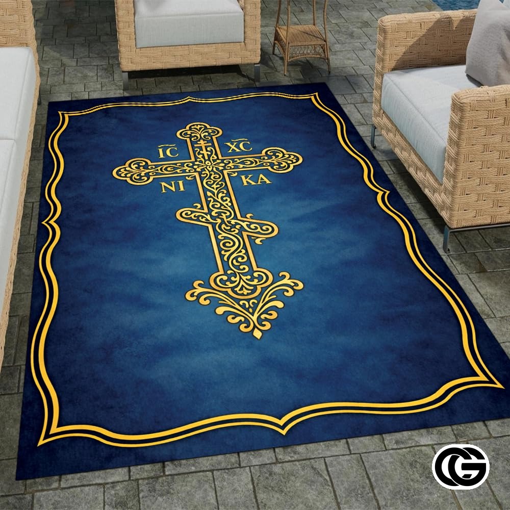 Personalized Orthodox Cross Rug with Byzantine Eagle and Non-Slip Backing