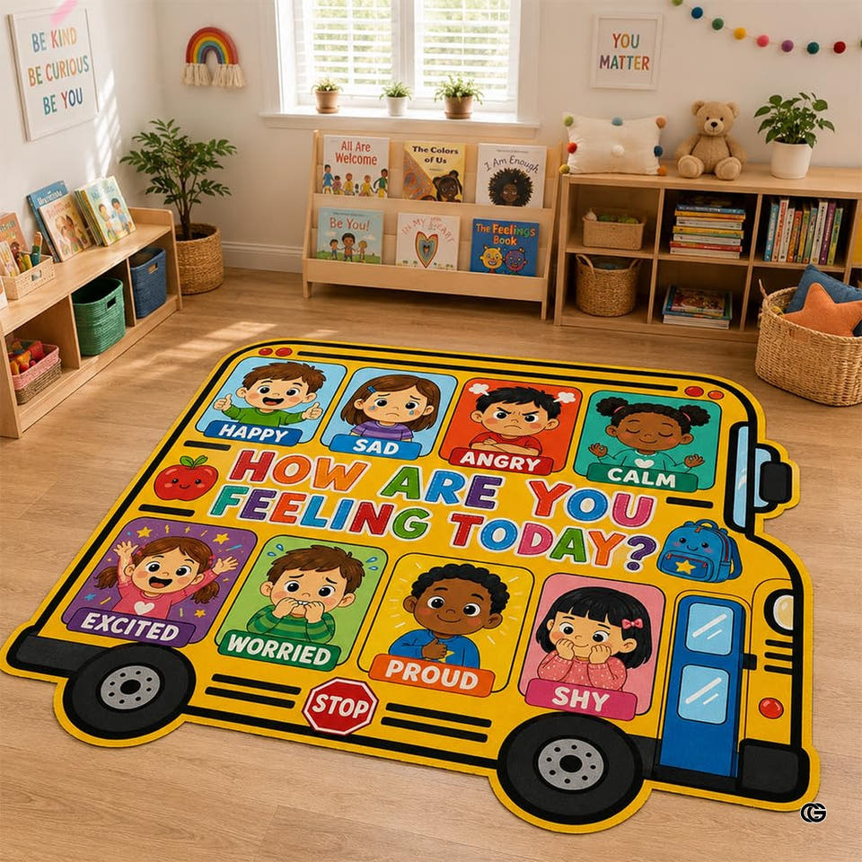 Yellow school bus emotions check-in classroom area rug - view 1