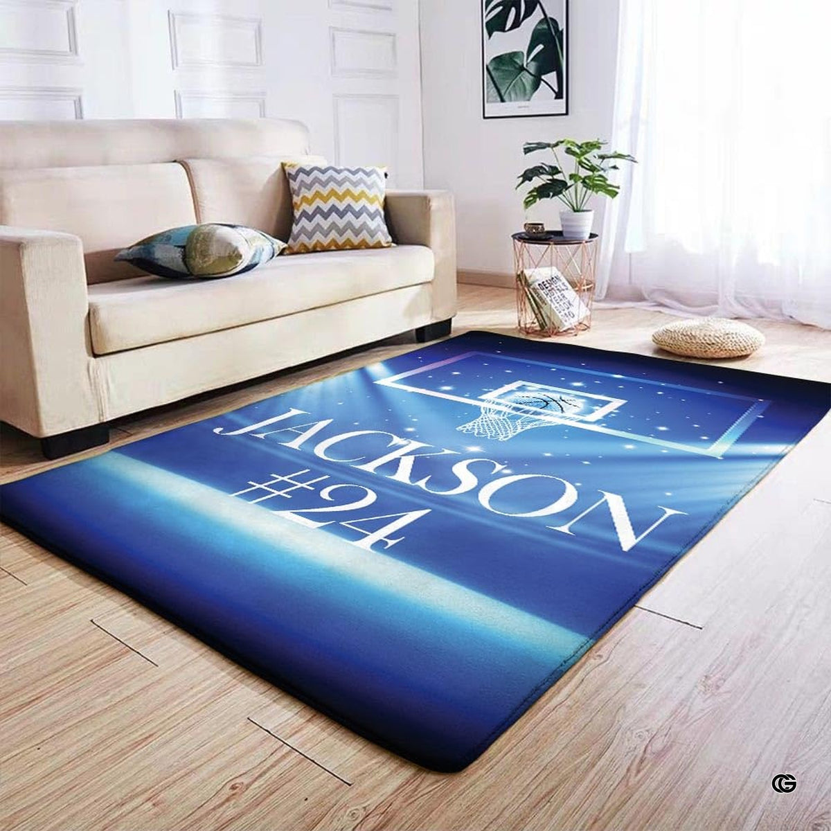 Gradient navy and royal blue court graphics with crisp lines on a decorative area rug.
