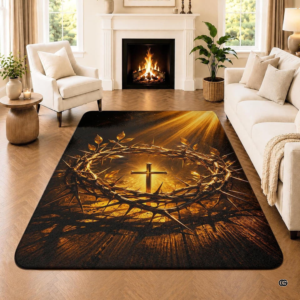 Faith area rug with glowing cross and crown of thorns on wood floor